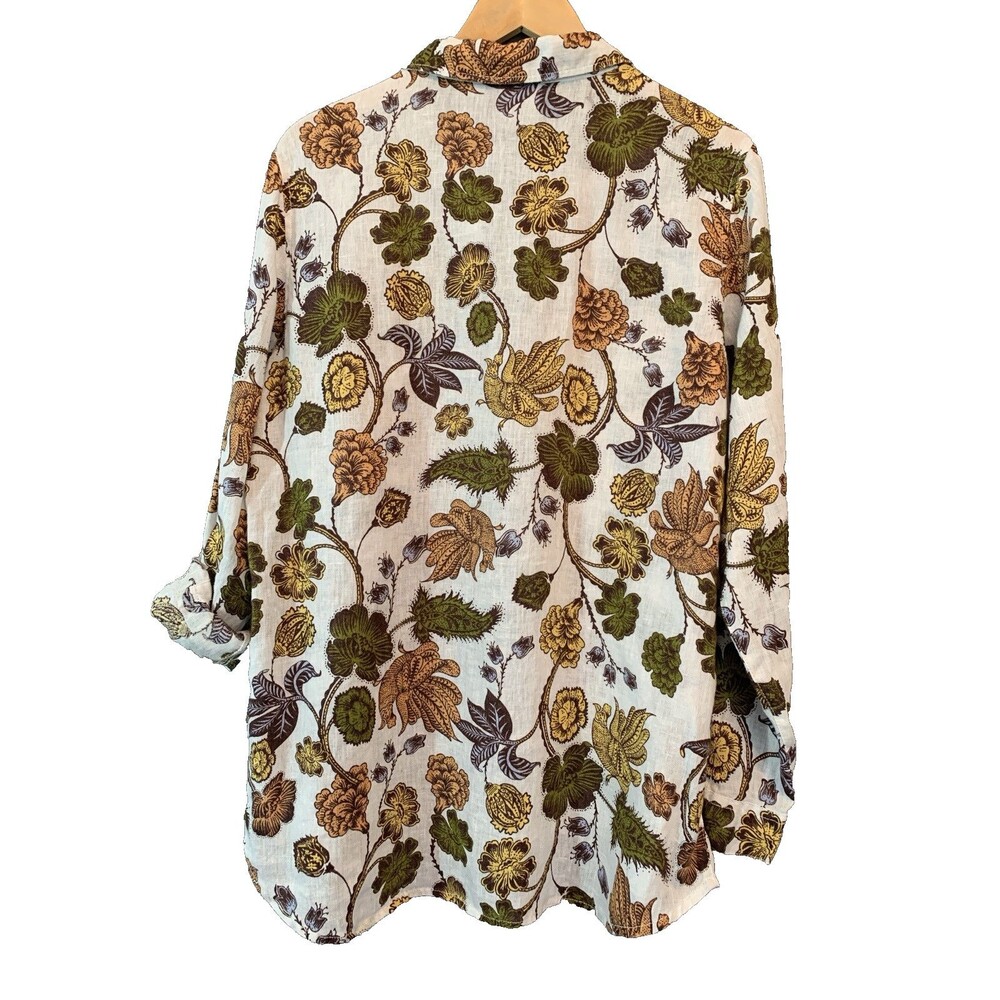 Nicole Miller European Flax Linen Shirt XL Earthy Floral Bird Button-up Roll-tab - Picture 4 of 14